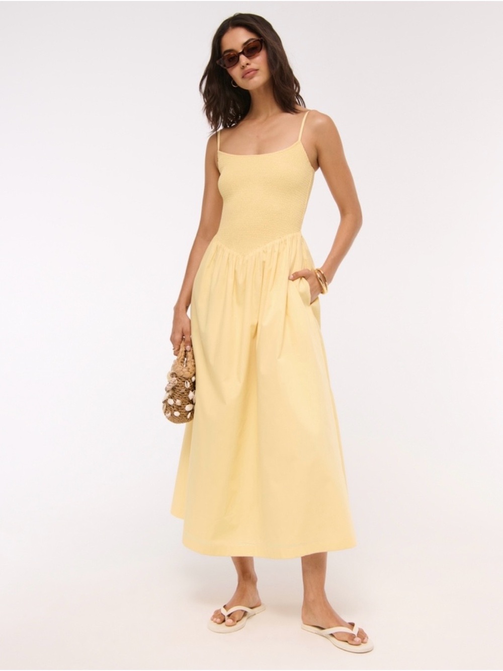 Sydney Smocked Dipped-Waist Yellow Midi Dress - Picture 2 of 3